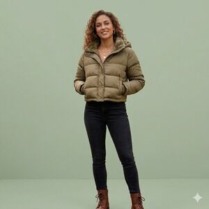 Aeropostale Remixed Down Puffer Jacket Women S Olive Green Hood Outdoor Preppy